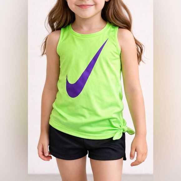 Nike Other - Nike Girls Dri-Fit Tank Top Neon Green Purple Swoosh Size 5/6
